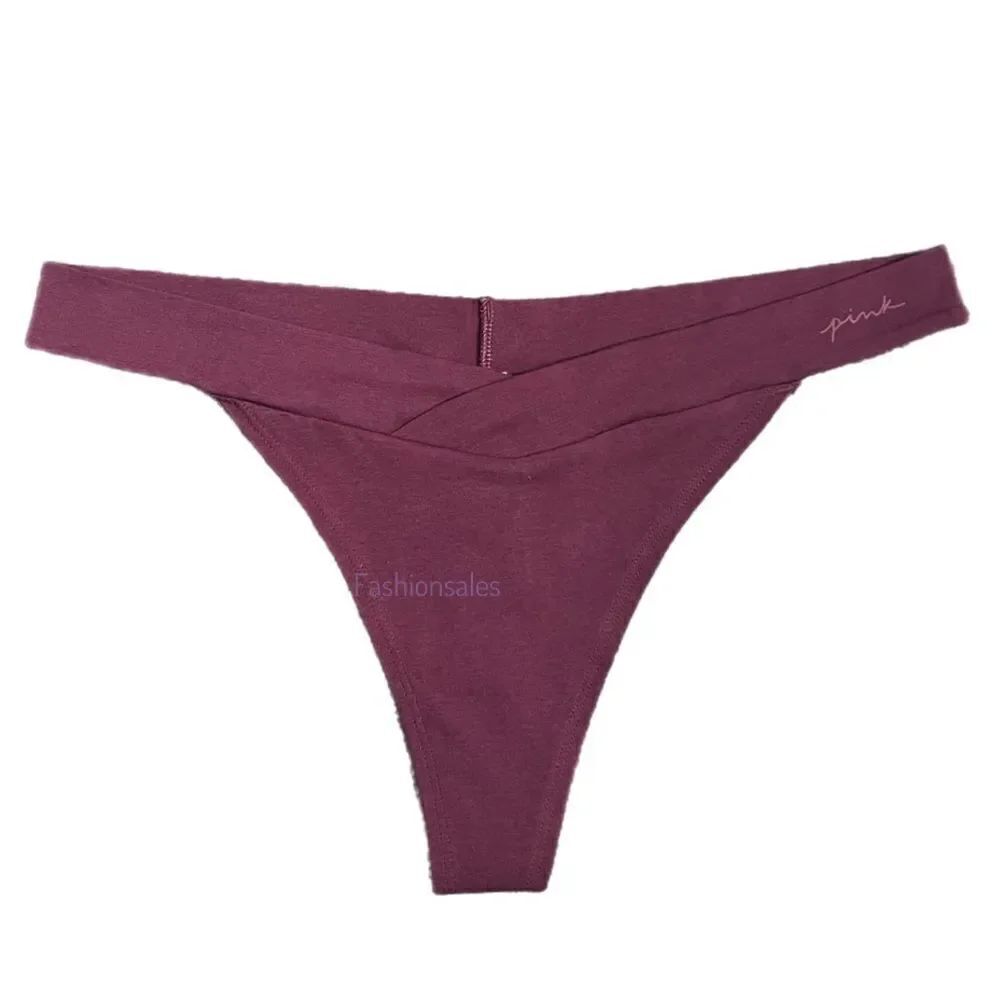 Victorias Secret Pink Soft Cotton Thong Panty Script Logo Burgundy
